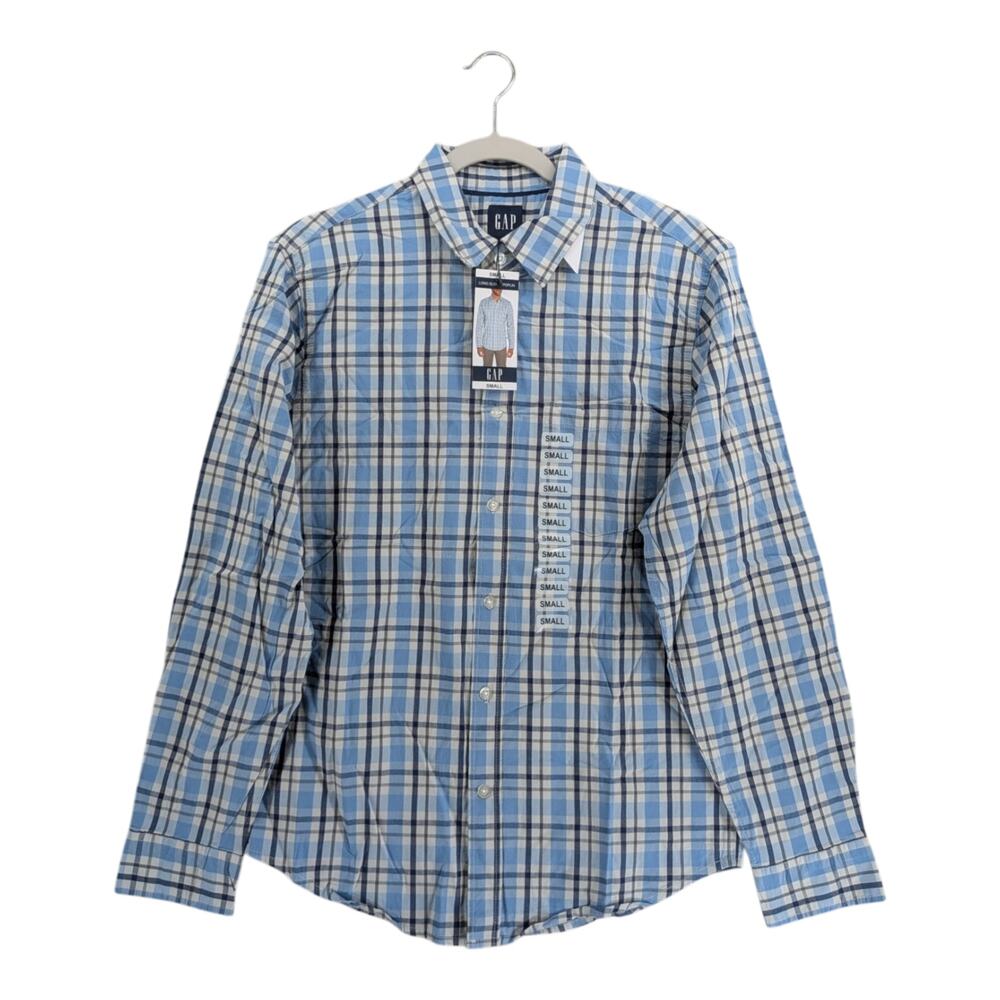 Gap Poplin Shirt Mens S Glacier Gray Blue Plaid Long Sleeve Button Down Workwear